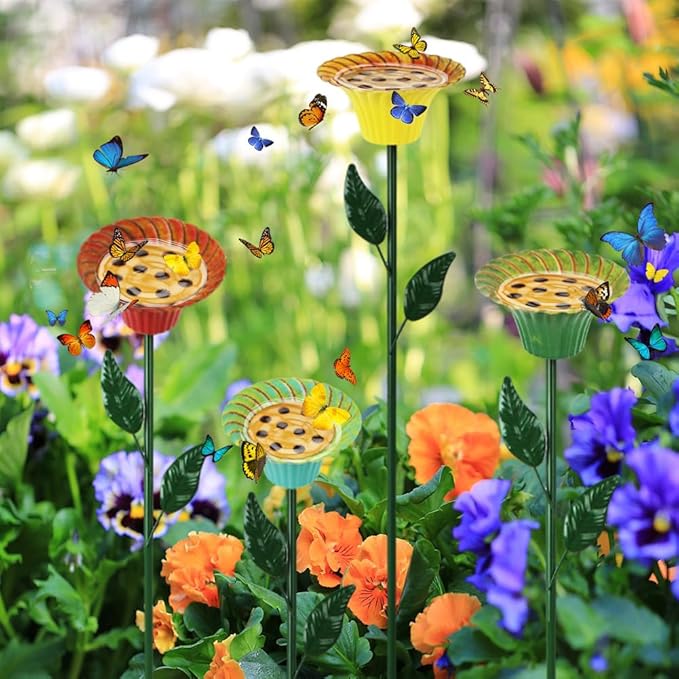 DREAMSOUL Metal Bird Bath with Bee Watering Station, Flower Bee Feeder 4 Pack Bird Bath for Outside Birds, Bees, Butterflies