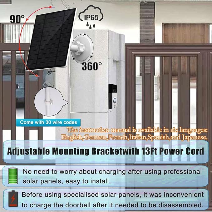 3W Solar Panel with Built-in 4000mAh Battery, IP65, 13.2ft Charging Cable, only Compatible with Ring Video doorbell 3/4/3 Plus,Ring Battery Doorbell Plus/Pro Camera, Simple Installation (Fork-Style)