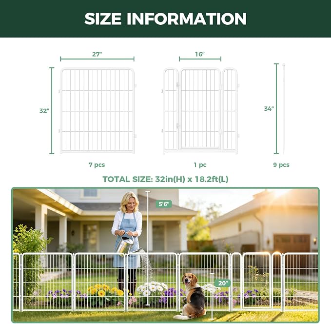 FXW Garden Fence Outdoor for the Yard – 32in(H) x 18.2ft(L) Heavy Duty Metal Animal Barrier for Dog, No Dig Decorative Dog Fence, 8 Panels, White