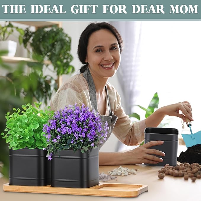 LemonRoad 6 Pcs Indoor Herb Planter Window Herb Pots for Kitchen with Drainage Hole and Bamboo Tray Farmhouse Metal Garden Planter Pot with DIY Label Mom Plant Gift(Black,Square)