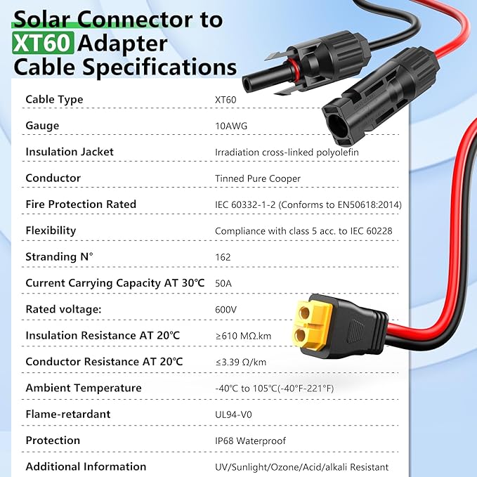 Vansdon 10AWG XT60 Solar Cable- Solar to XT60 Cable 3 10 15 20 25 40 50FT Charging Extension Adapter for RV Power Station- 40Ft