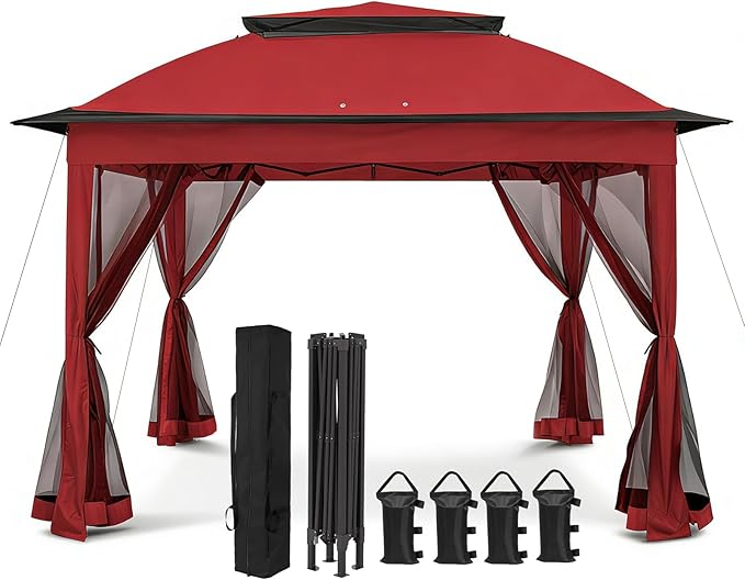 COOS BAY Pop up Gazebo 11x11, Instant Canopy Tent with Mesh Netting, Patio Gazebo with 121 Square Feet of Shade, 4 Weight Bags Included, Red