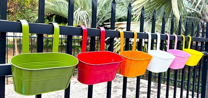 12" Balcony Railing Planters, Outdoor Hanging Planter for Fence, Stylish Metal Porch Deck Flower Pot for Herbs & Succulents (11.8", Pack of 6)