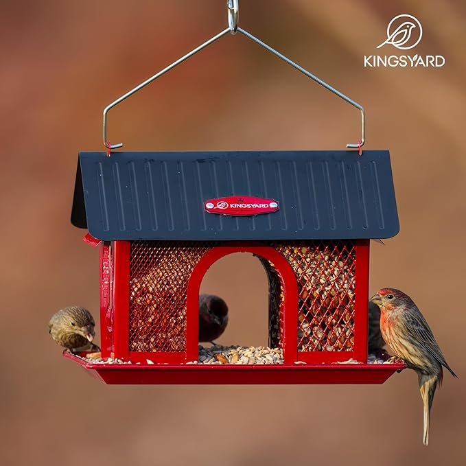 Kingsyard Bird Feeder for Outdoors Hanging, Dual-Use Metal Mesh Wild Bird Feeders with Seed Tray & Weatherproof Roof, 3 lbs Large Capacity, Red