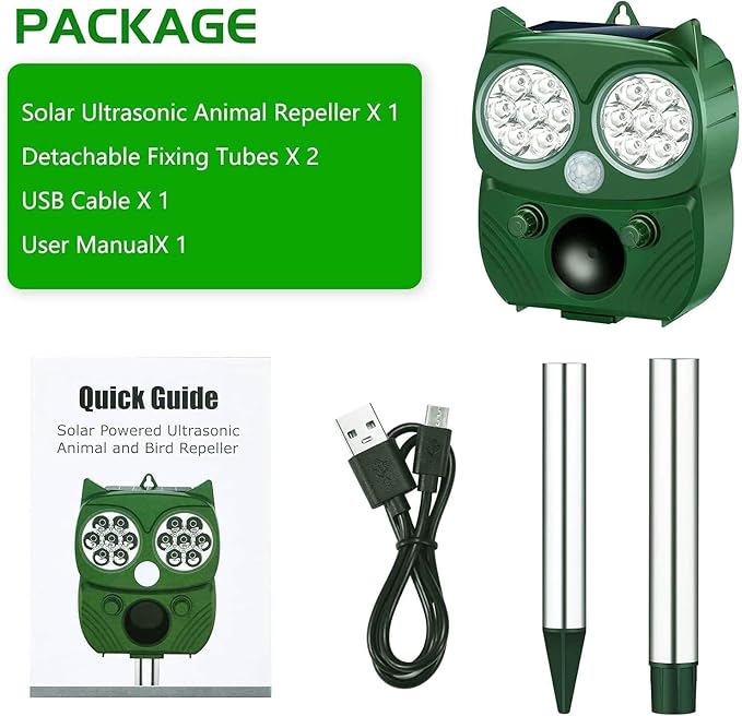 Solar Animal Repeller, Ultrasonic Repellent, Motion Detection, LED Flashing Light, Dog, Cat Repellent, Squirrel, Raccoon, Skunk, Rabbit, Rodent, Fox, Deer, etc. (Green)