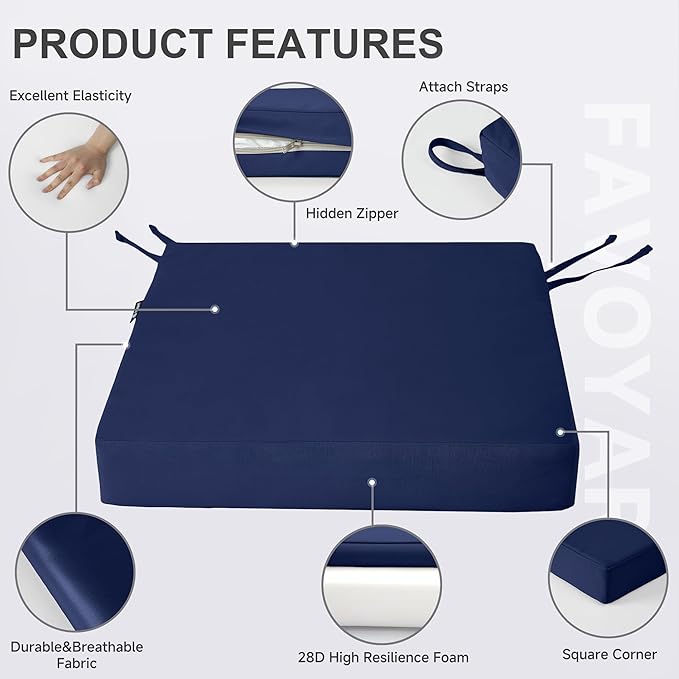 Favoyard Patio Chair Cushions 18.5 x 16 x 3 Inch Waterproof Outdoor Seat Cushions for Patio Furniture 3-Year Color Fastness Garden Sofa Couch Pads with Handle & Adjustable Straps Set of 2, Blue