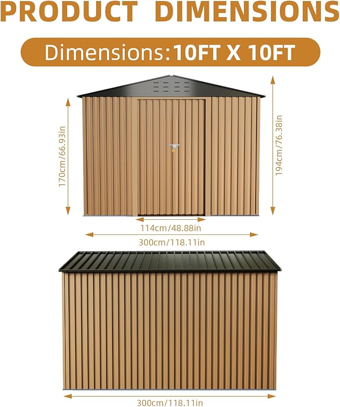 Garvee 10x10ft Metal Shed, Outdoor Garden Tool Storage Shed with Lockable Doors, Large Metal Shed with Sturdy Frame Structure, for Backyard, Patio, Lawn, Brown