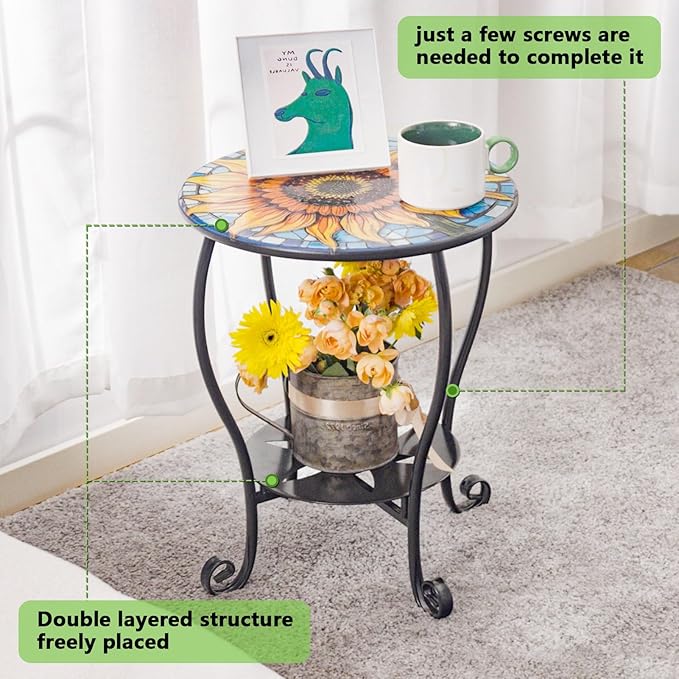 Outdoor Side Table Mosaic Patio Small End Table Metal Coffee Tea Accent Table for Patio Living Room Bedroom Yard Porch Garden (Yellow Sunflowers)