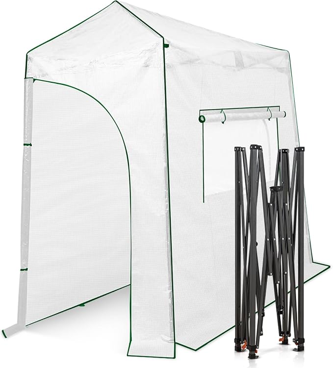 EAGLE PEAK 9x4 Portable Walk in Greenhouse, Pop Up Indoor Outdoor Greenhouse, Green House Kit with Zippered Roll-Up Doors and Windows, Lean-to Design, PE Cover, Clear/White