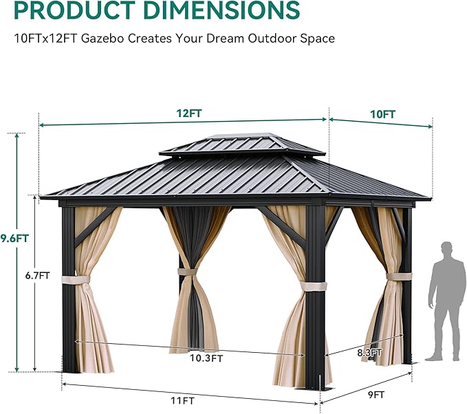 YITAHOME 10x12 ft Hardtop Gazebo with Netting and Shaded Curtains, Outdoor Metal Gazebo 2-Tier Hardtop Galvanized Iron Aluminum Frame Garden Tent for Patio, Backyard, Deck and Lawns