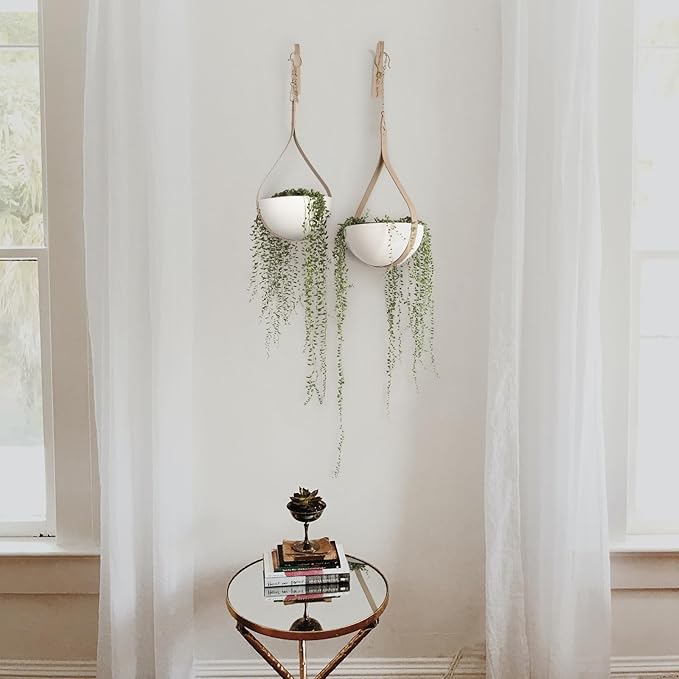 Hajia 2 Pack Waterdrop Shaped Hanging Planter, Beige Metal Plant Hanger with Non-Detachable Pots, Boho Hanging Plant Holder for Wall and Ceiling Decor.(No Plants or Drainage Holes)
