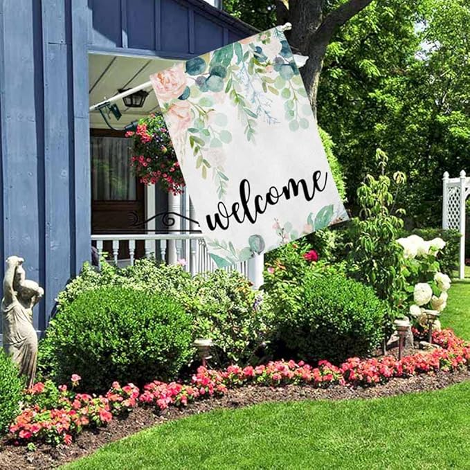 AOYEGO Welcome Watercolor Floral House Flags 28 x 40 Double Sided Burlap Wreath Frame Vivid Flowers Green Leaves Wedding Yard Flags Spring Summer Farmhouse Seasonal Outdoor Flag
