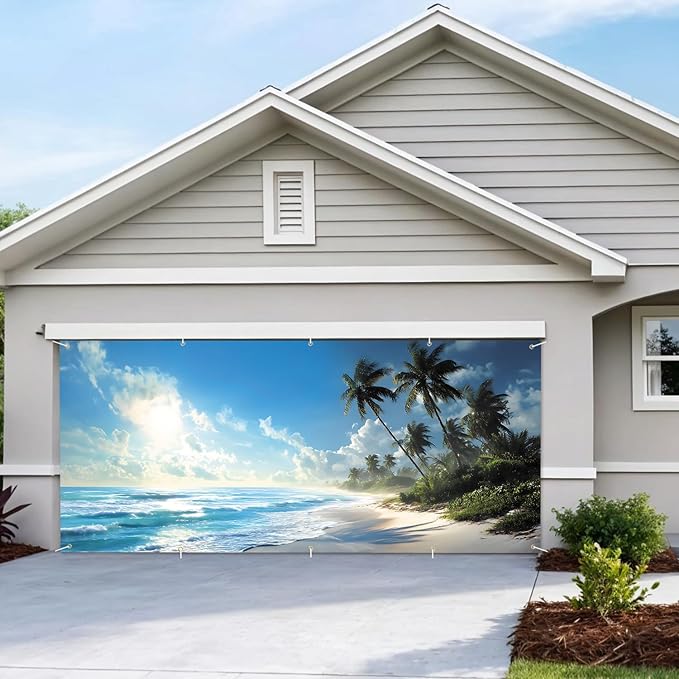 7 * 16FT Summer Garage Door Cover Decorations Sunset Palm Trees Garage Door Banner for Outdoor Indoor Summer Party Photography Backdrop (Summer Beach, 7 * 16 ft)