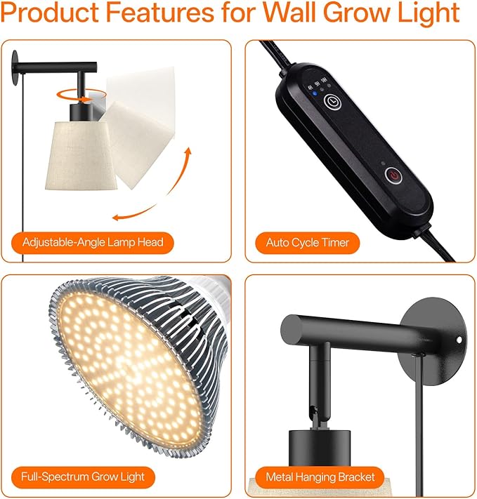 Bstrip Hanging Grow Lights for Indoor Plants, 25W Full Spectrum, 4H/9H/14H Timer, 3000K Wall-Mounted Decorative Plant Light with 9.8FT Power Cord, Ideal for Tall Plants, Flowers and Potted Trees