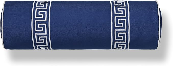 Hofdeco Premium Coastal Hampton Patio Indoor Outdoor Bolster Pillow Cover Only, 8"x24" Water Repellent for Backyard, Couch, Poolside, Navy Blue Embroidered Greek Key