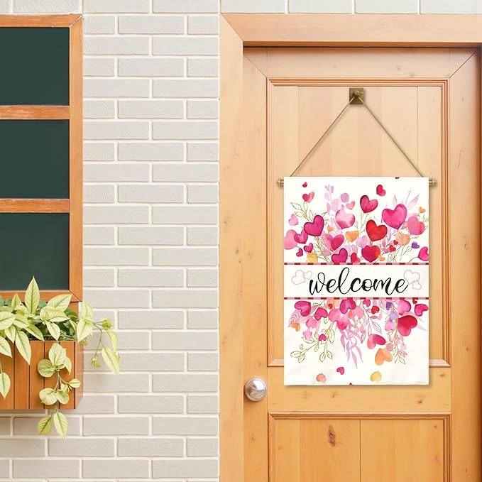 Valentines Day Garden Flag Welcome Heart Large Double Sided House Banner Romantic Red Pink Love Hearts Yard Flags for Porch Patio Lawn Farmhouse Wedding Anniversary Party Decor 28x40 Inch