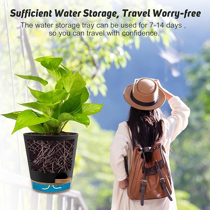 YNNICO 8-Inch Plant Pots, Self-Watering Planters with Drainage Holes & Saucers for Indoor and Outdoor Plants (2-Pack,Black)