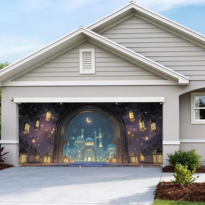 7 * 16FT Summer Garage Door Cover Decorations Sunset Palm Trees Garage Door Banner for Outdoor Indoor Summer Party Photography Backdrop (Ramadan, 6 * 13 ft)