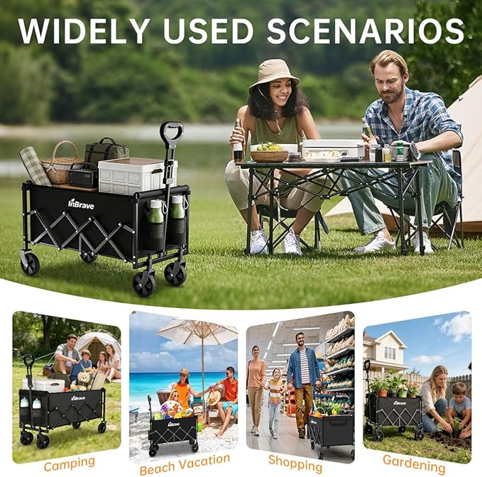 Collapsible Wagon Cart Foldable Beach Wagon with All-Terrain Wheels - 380 LBS Heavy Duty Grocery Cart for Shopping, Beach, Camping, Sports, Garden (Black)