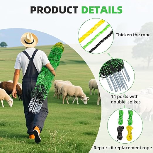 Electric Poultry Netting Fence, Portable Electric Fence for Poultry and Livestock Chicken Sheep Lambs Hogs Deer Dogs in Backyards Farms Ranches Homesteads and Gardens (49.6"x 164')