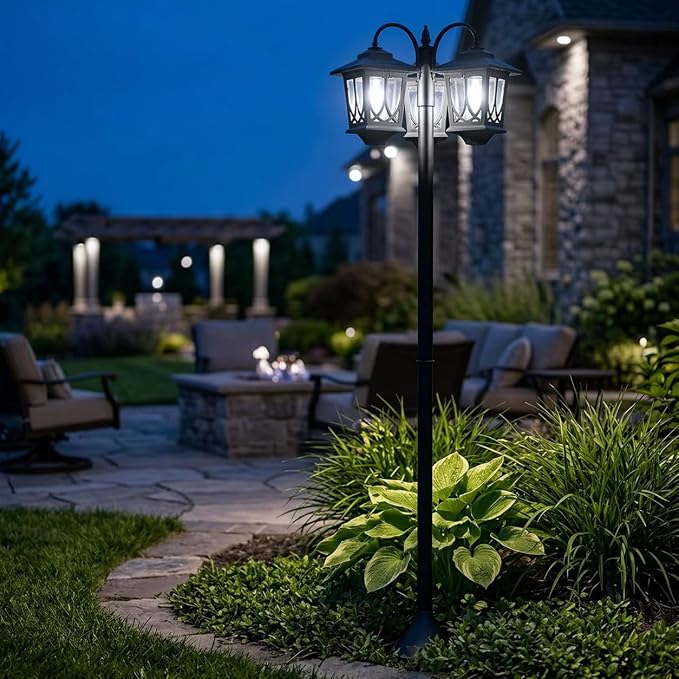 PEATOP 73” Solar Lamp Post Light, 3-Head Outdoor Solar Post Lights for Yard, Garden, Pathway, Aluminum Waterproof Dusk to Dawn Floor Lamp with Replaceable Bulbs, 6000K White Light