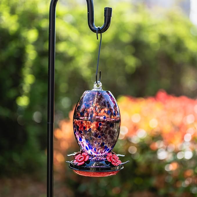 Muse Garden Glass Humming Bird Feeders for Outdoors - 27OZ Blown Glass Hummingbird Feeder - Unique Gift Mom Women Grandparents, Outdoors Hanging Garden Decor, Includes Ant Moat & Brush, Purple