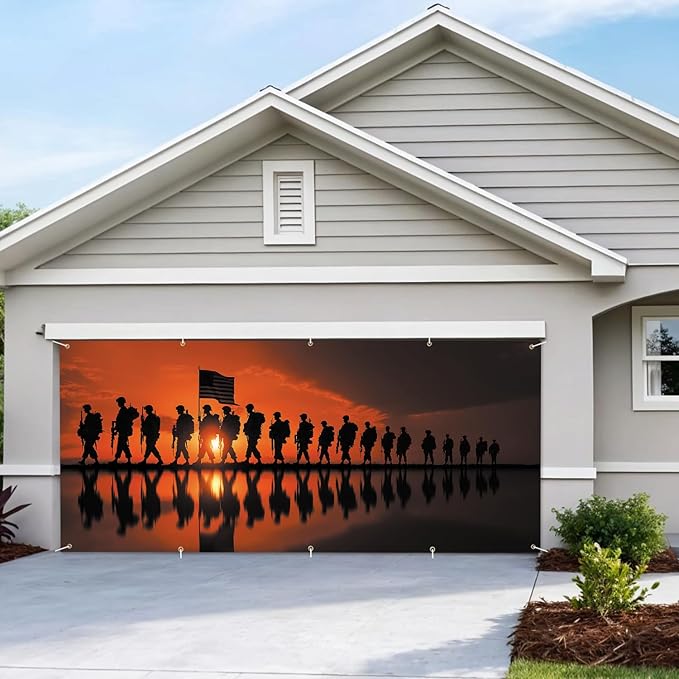 16x7Ft Patriotic American Soldier Silhouette Military Memorial Day Garage Door Decoration Flag, Military Tribute flag Garage Door Banner Sunset USA Flag Patriot Themed Outdoor Decor