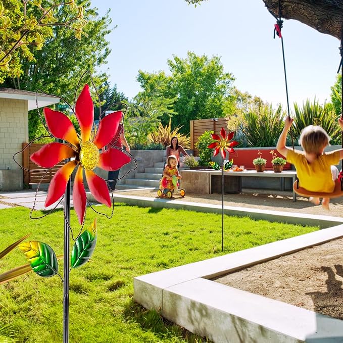 Wind Spinner Outdoor,14’’ Dia Red Flower Shape Garden Pinwheels Spinners,Waterproof Windmill for Yard Lawn Patio Decor