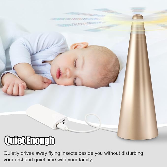 Glovv Fly Fans for Tables, Bug Food Fan Outdoor Indoor Keep Flies Away, 3 Pack Portable Batteries Powered Picnic Table Top Spinner with Metal Hanger, Fly Repellent for Restaurant, Camping (Golden)