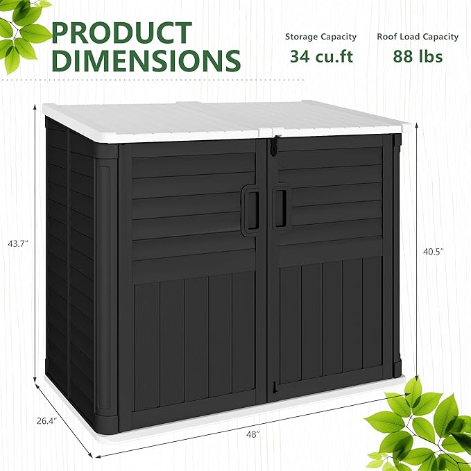 Greesum Outdoor Trash Can Storage Shed, 34 Cu.ft Horizontal Outdoor Storage Cabinet, Waterproof for Garden, Pool Storage, Garbage Cans, Black