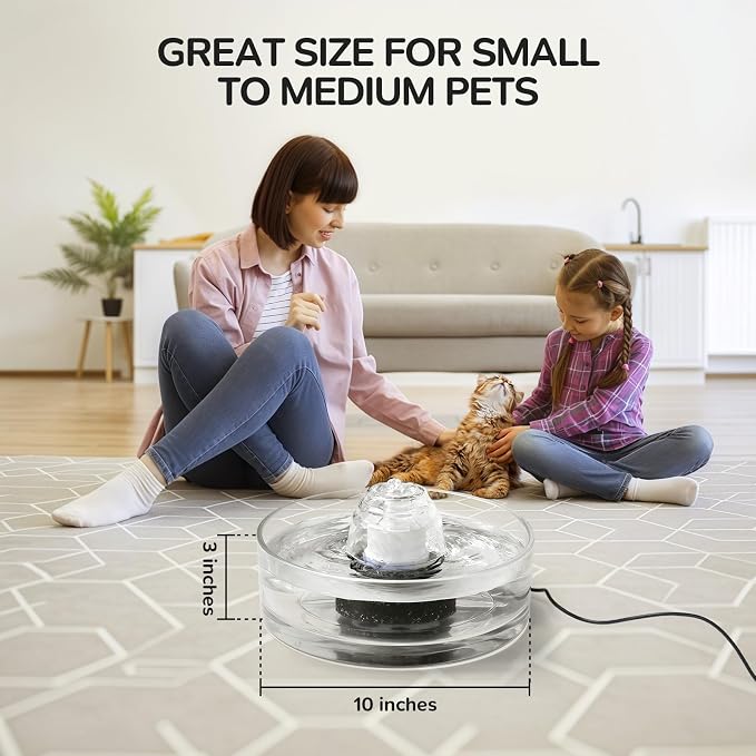 2.7L Glass Pet Fountain –Transparent Glass Cat Water Fountain & Little Dog Drinking Bowl– Automatic Cat Water Dispenser-Ultra-Quiet Pump 1 Filters & 1 Sponges