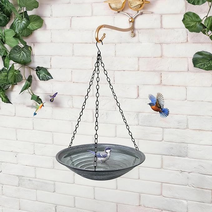 13 inch Rain Chain Basin, Metal Rain Chains Anchoring Bowl Dish, DIY Rain Chain Basin for Gutter Downspout, Hanging Birdbath for Outdoor Garden Patio Decor, Grey