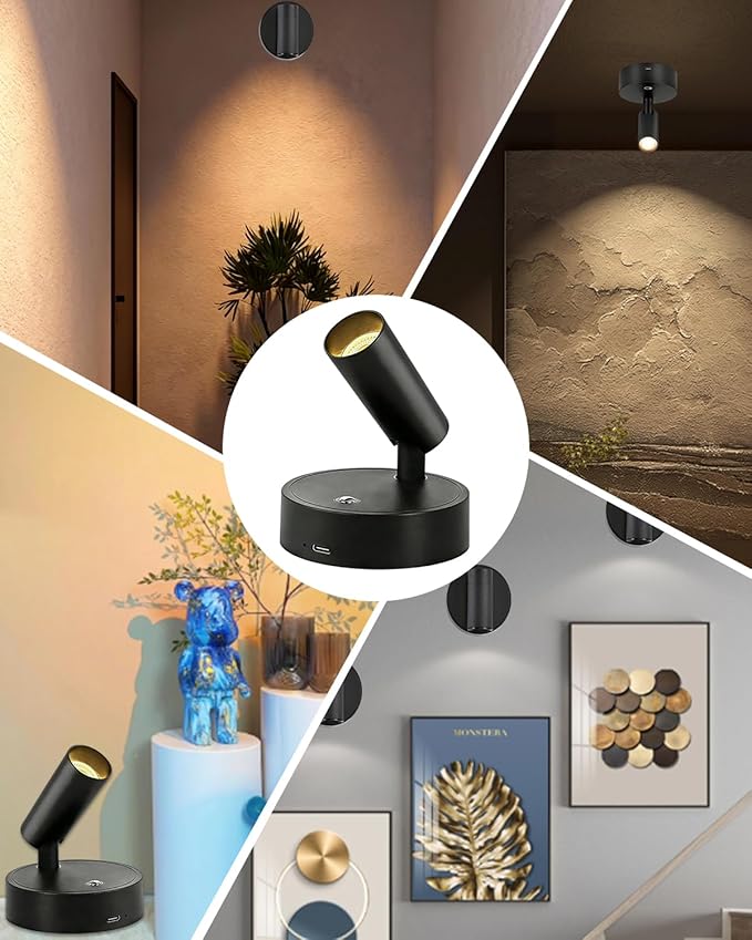 6PACK Dimmable Indoor Spotlights - LED Rechargeable 350° Rotatable Wireless Lighting, with 3 Colors for Plants, Paintings, and Artwork Accent Lighting (Black)
