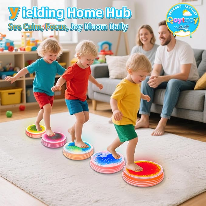 Light Up Stepping Stones for Kids Ages 3+, Sensory Stepping Stones with 7 Glow Colors & Liquid Motion, Non-Slip Toddlers Balance Toys for Coordination & Obstacle Course(3 Pack, Round)