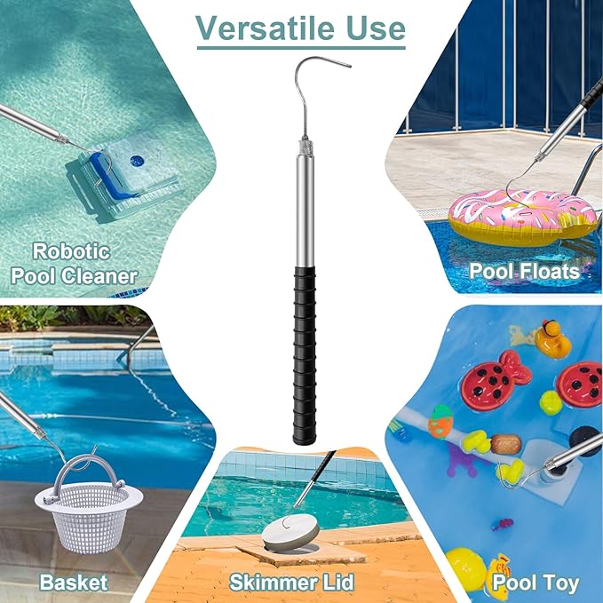 Pool Skimmer Basket Hook, 22 Inch Stainless Steel Pool Skimmer Handle, Skimmer Basket Handle, Pool Basket Lid Lifting Hook with Anti-Slip Handle for Inground Pools Skimmer Basket Debris Removal