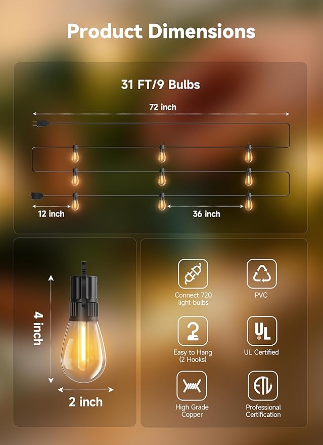 Minetom 31FT Outdoor String LED Patio Lights Waterproof, 9 Shatterproof S14 Vintage Edison Bulbs,Commercial Grade Outside Hanging Lights Waterproof for Porch Deck Garden Backyard Balcony Cafe Bistro