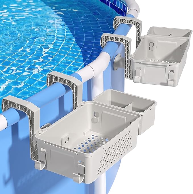 【2026 Upgrade】2-Pack Poolside Storage Basket with Cup Holder, Above Ground Pool Accessories, 3-in-1 Swimming Pool Hanging Storage Baskets to Organize Cups & Towels, Fits 3 Inch or Less Top Rail(Beige)