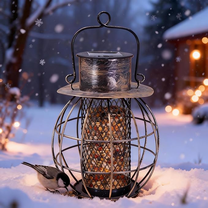 Heavy Duty Metal Bird Feeder for Outside, Retro Lantern Shape,Squirrel Proof Bird Feeder for Wild Birds,Solar Lantern for for Garden Decor,Unique Gifts for Mom, Grandma (Bronze)