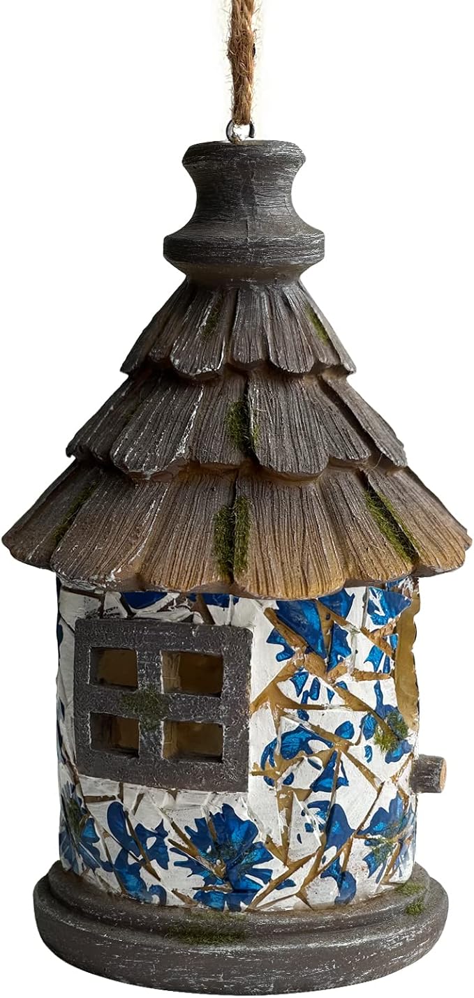 OUSHUAI Bird House for Outdoor with Pole Garden Decor Hanging Birdhouses Weatherproof BirdNest for Outside Bluebird, Finch, Wren, Chickadee, Wild Birds Big Size Resin White Bule