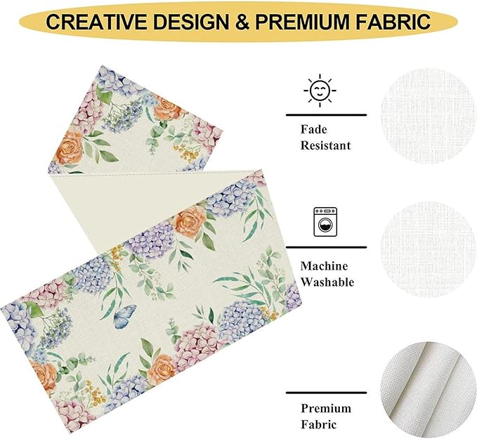 Blue Floral Table Runner, Spring Seasonal Watercolor Hydrangea Flower Summer Farmhouse Country Rustic Table Center Decor for Family Kitchen and Dining Party Table Decorations, 13"x90"