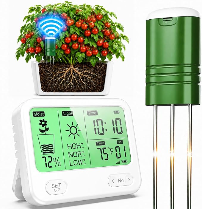 Soil Moisture Meter for Plants,4-in-1 Wireless Soil Tester,Soil Thermometer/Moisture/Sunlight Time,Large Screen,Indoor/Outdoor Plant Water Meter,Garden Soil Test Kit for Lawn,Farm,Houseplants(White)