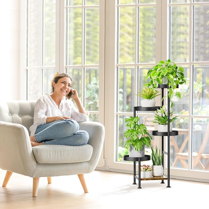 Oppro Plant Stand Indoor Outdoor, 5 Tier Metal Flower Pot Shelf Holder Clearance, Tall Corner Rack for Multiple Plants, Modern Organizer Display for Patio Orchid Office Porch Living Room Garden, Black