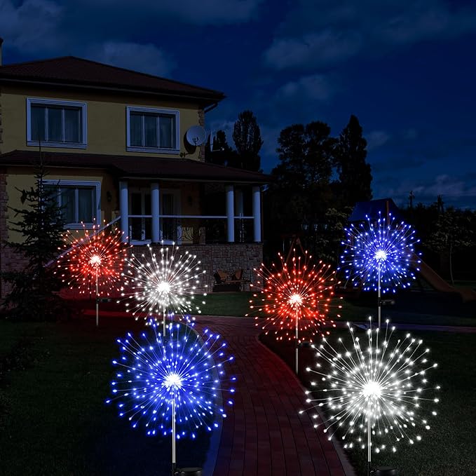 Tujoe 6 Pcs 4th of July Solar Firework Lights Patriotic Solar Light Outdoor Garden 120 LED 8 Modes Waterproof LED Sparkler Light for 250th Anniversary Patio Yard Pathway Walkway (Red,White,Blue)
