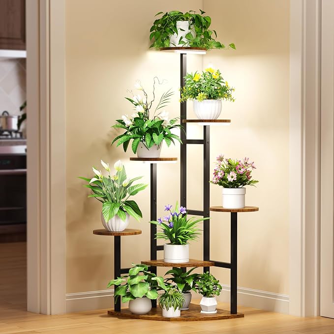 Corner Plant Stand with Grow Lights, 7 Tiered Plant Shelf Indoor, 43" Corner Plant Stands for Indoor Plants, Metal Plant Flower Display Shelves, Plant Organizer Rack for Living Room, Balcony, Home Decor(Round)