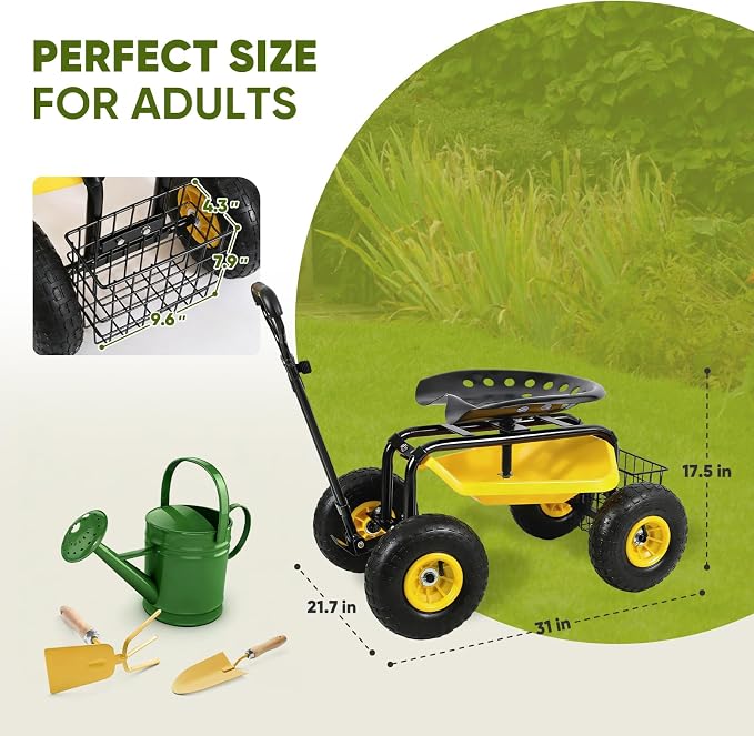Sekey Garden Cart Rolling Workseat, Heavy Duty Garden Scooter with 360ยฐ Swivel Seat & Adjustable Height, Tool Tray & Storage Basket, 440 lbs Capacity, All-Terrain Wheels, for Seniors & Gardeners