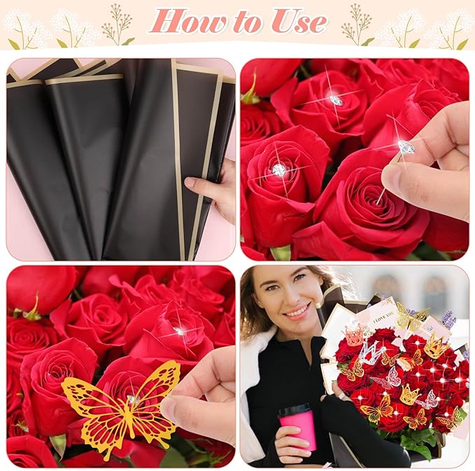 366 pcs Flower Bouquet Wrapping Paper,Waterproof Flower Floral Wrapping Paper Bouquet Sheets With Ribbons Pins 3D Butterflies and Crowns for Florist Wrap