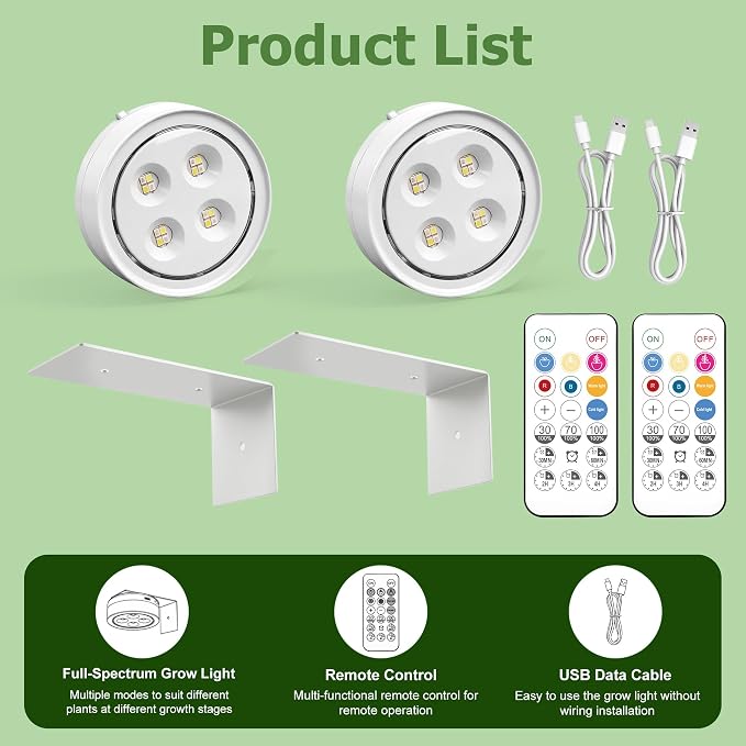 2 Pack Rechargeable Battery Grow Light, Full Spectrum Indoor Cordless Plant Light with Timer & Remote, Stepless Dimming,Type-C Charging 2000mAh,Wireless Magnetic Puck Plant Lights for Indoor Growing