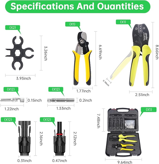 Solar Crimper Stripper Tool Kit for Solar Panel,with 12 Pairs Solar Connectors,2 PCS Spanner Wrench