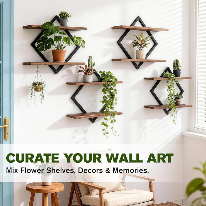 Set of 3 Floating Wall Shelves for Plants, Brown | Wall Planters for Indoor Plants, Wall Plant Holder, Plant Stand for Small Plants, Window Plant Hanging