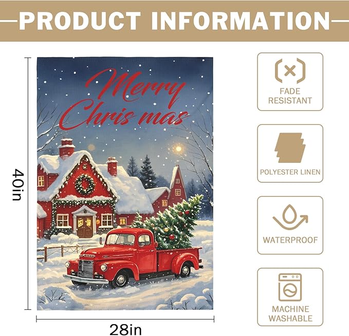 Merry Christmas House Flag 28x40 Inch Red Truck House Xmas Winter Holiday Seasonal Theme Decorative Garden Flags for Outside Double Sided Outdoor Home Farmhouse Decoration Porch Yard Decor